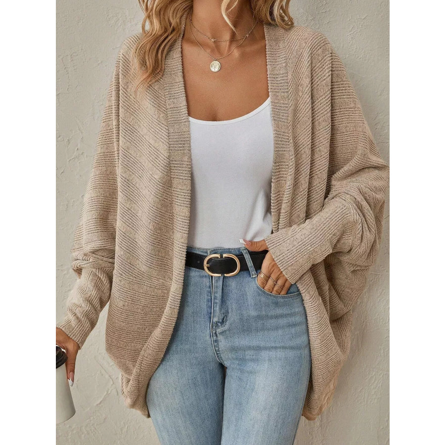 Casual Open Front Batwing Sleeve Ribbed Knit Cardigan Khaki / S Apparel and Accessories