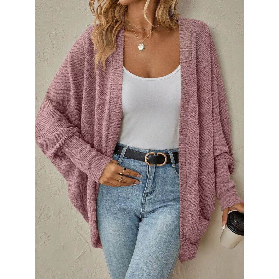 Casual Open Front Batwing Sleeve Ribbed Knit Cardigan Pink / S Apparel and Accessories