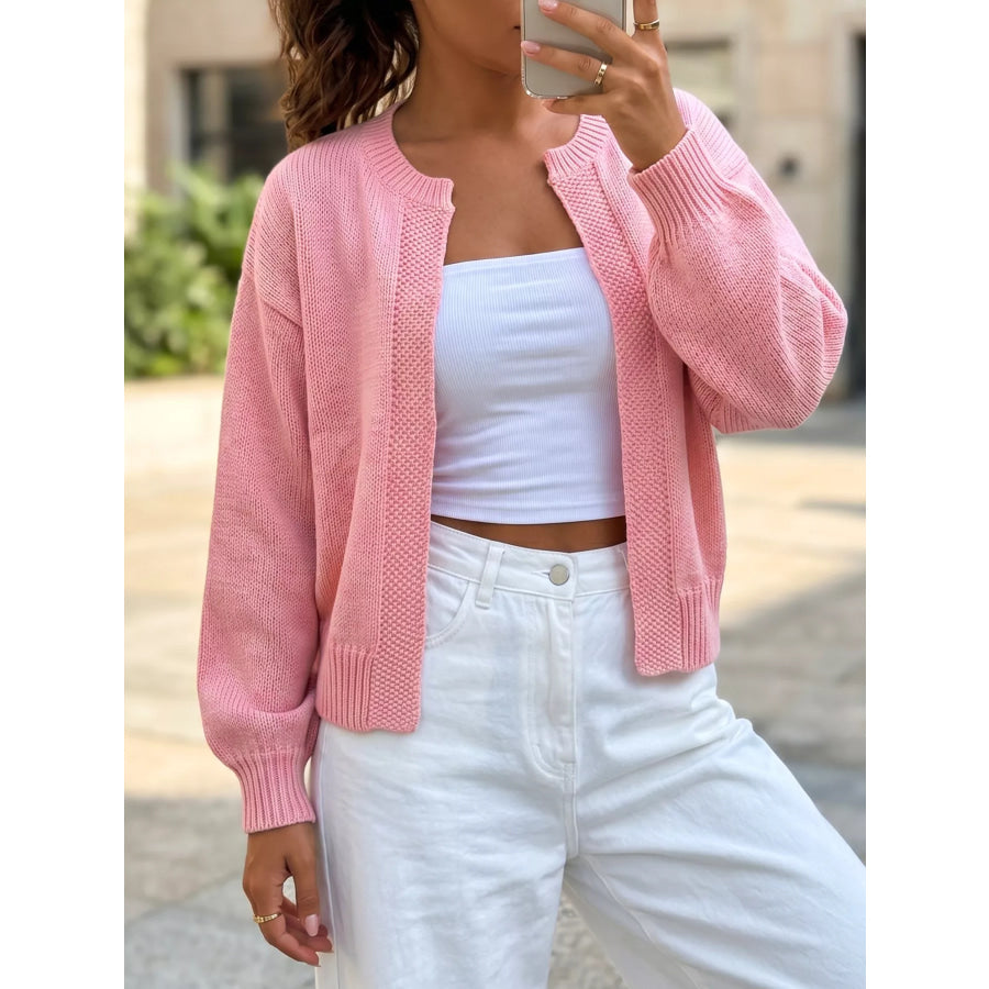 Casual Open-Front Knit Cardigan with Ribbed Trim Pink / S Apparel and Accessories