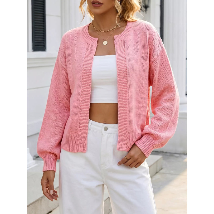 Casual Open-Front Knit Cardigan with Ribbed Trim Pink / S Apparel and Accessories