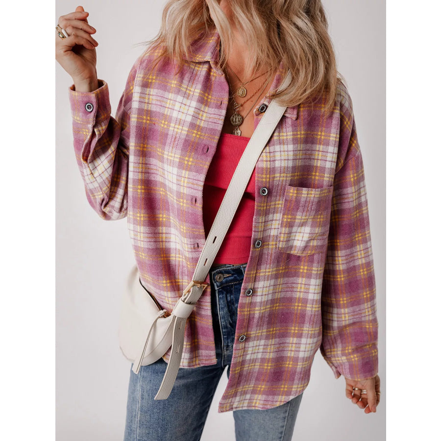 Casual Plaid Button-Down Shacket Dusty Pink / S Apparel and Accessories
