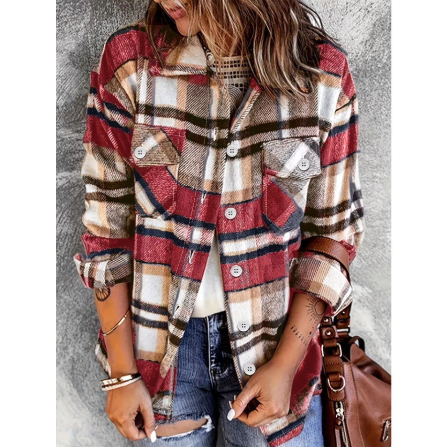 Casual Plaid Button-Down Shacket Scarlet / S Apparel and Accessories