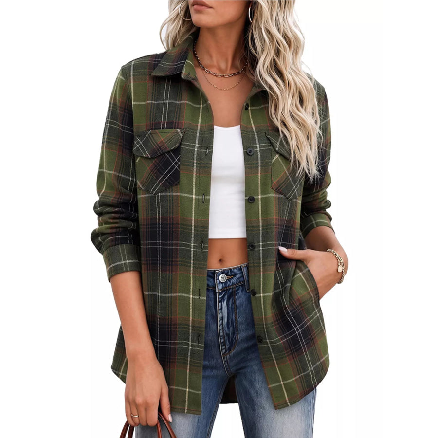 Casual Plaid Button-Down Shirt Army Green / S Apparel and Accessories