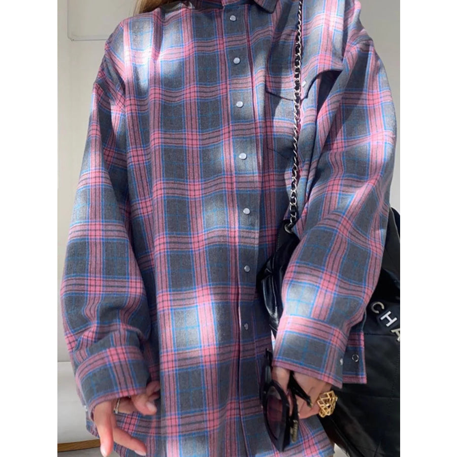 Casual Plaid Button-Down Shirt with Front-Tie Detail Pink / S Apparel and Accessories