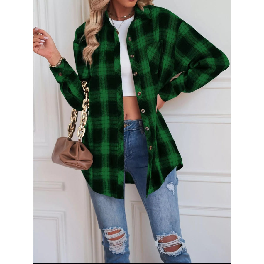 Casual Plaid Button Up Shirt Dark Green / S Apparel and Accessories