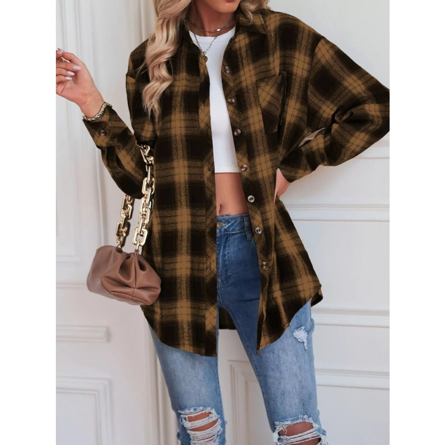Casual Plaid Button Up Shirt Khaki / S Apparel and Accessories