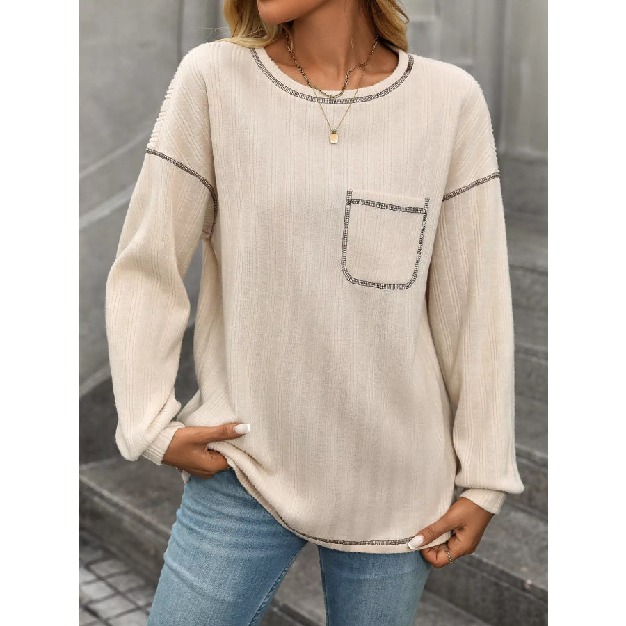 Casual Pocket Detail Long Sleeve T-Shirt Apparel and Accessories