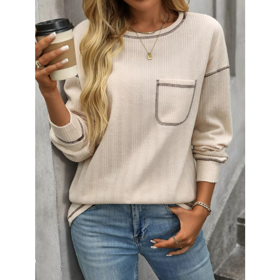 Casual Pocket Detail Long Sleeve T-Shirt Apparel and Accessories