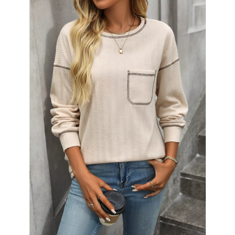Casual Pocket Detail Long Sleeve T-Shirt Apparel and Accessories