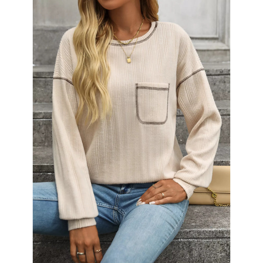 Casual Pocket Detail Long Sleeve T-Shirt Apparel and Accessories