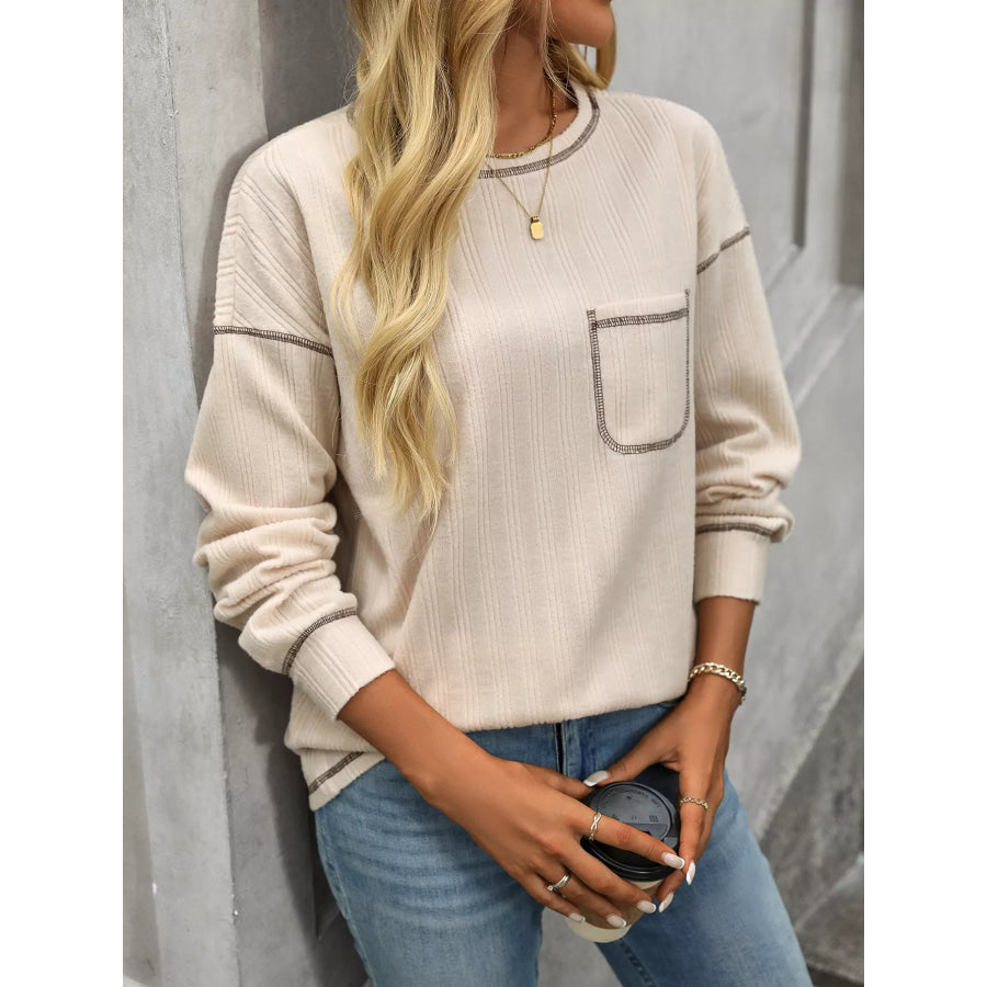 Casual Pocket Detail Long Sleeve T-Shirt Beige / S Apparel and Accessories