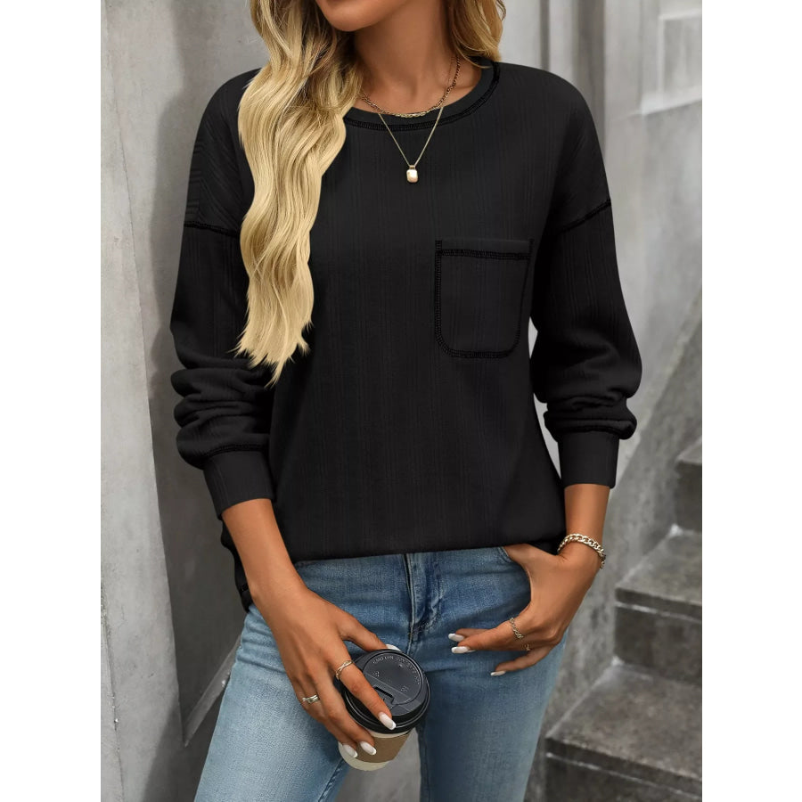 Casual Pocket Detail Long Sleeve T-Shirt Black / S Apparel and Accessories