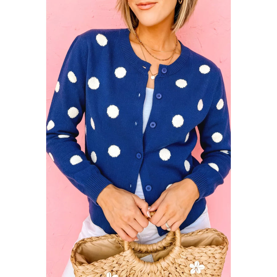 Casual Polka Dot Button Front Long Sleeve Sweater Cardigan Apparel and Accessories