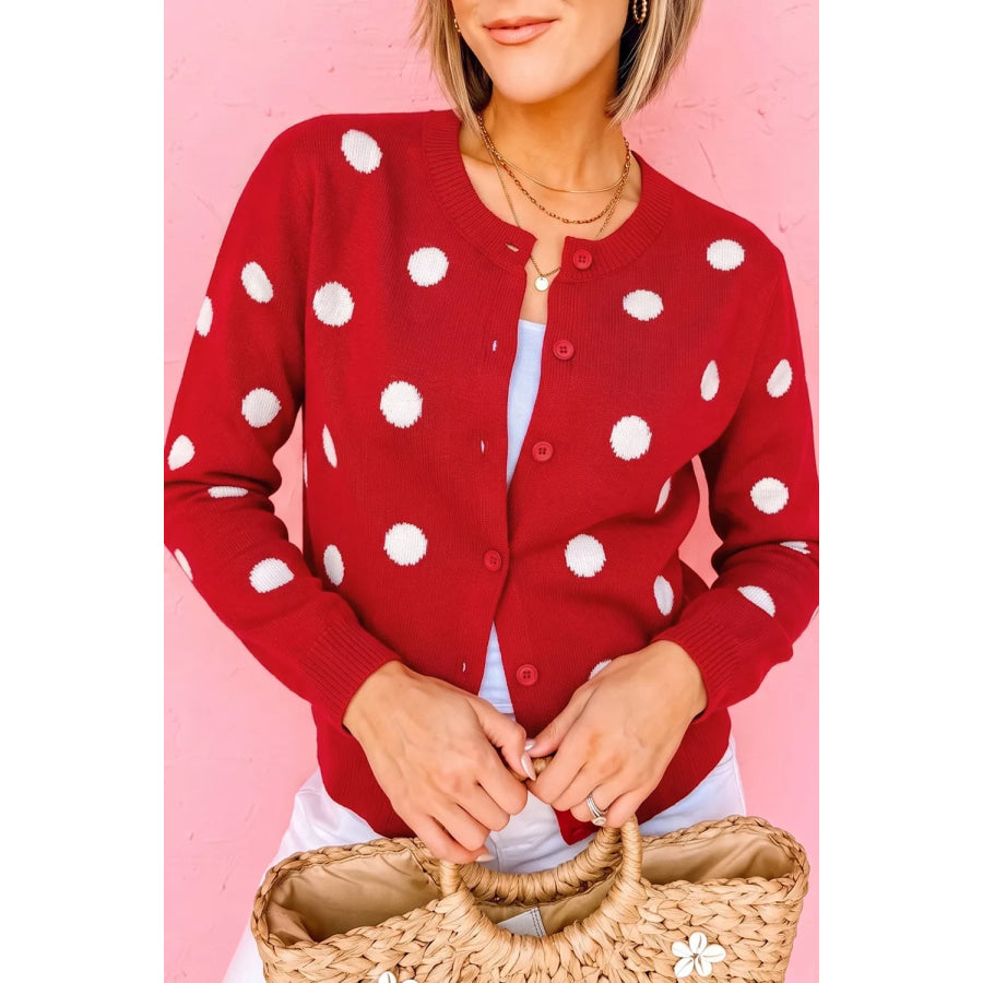 Casual Polka Dot Button Front Long Sleeve Sweater Cardigan Apparel and Accessories