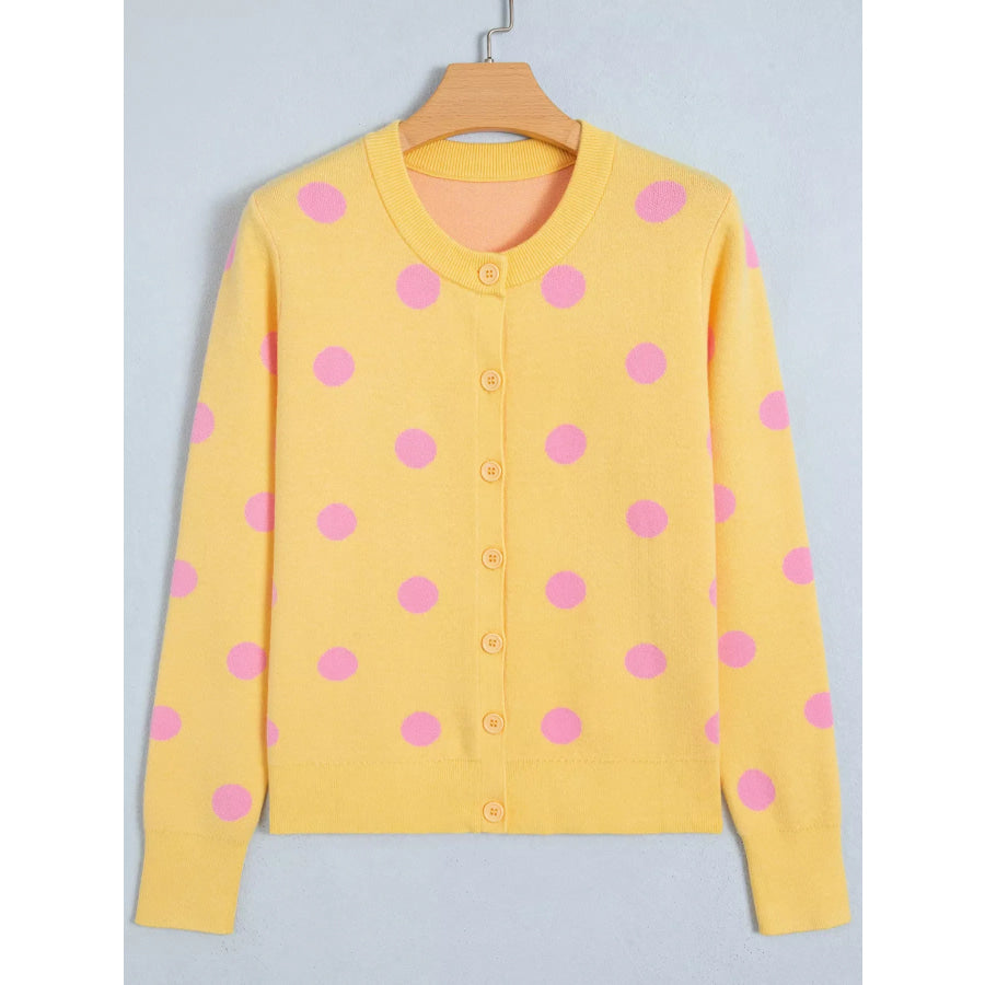 Casual Polka Dot Button Front Long Sleeve Sweater Cardigan Pastel Yellow / S Apparel and Accessories