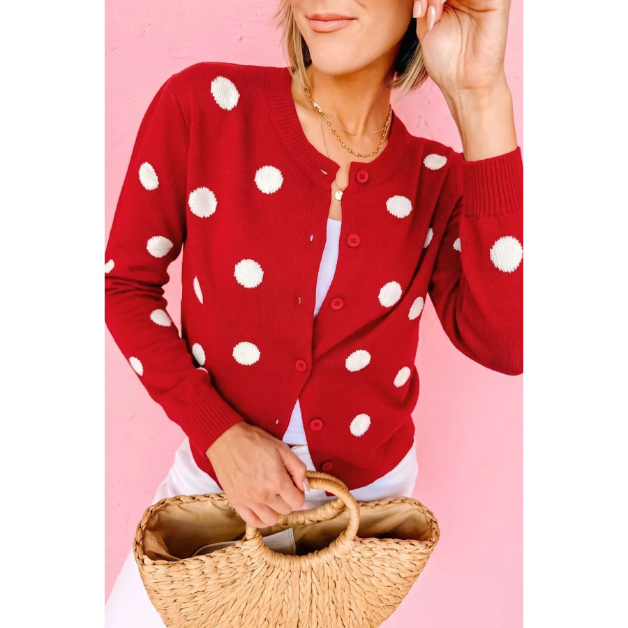 Casual Polka Dot Button Front Long Sleeve Sweater Cardigan Apparel and Accessories