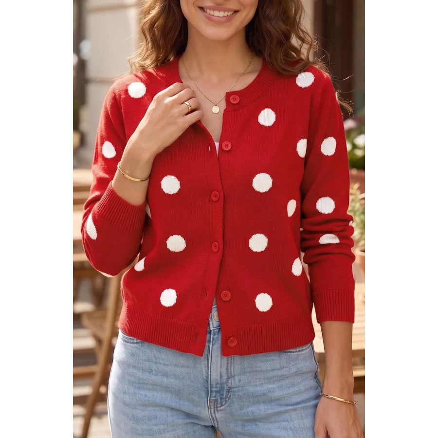 Casual Polka Dot Button Front Long Sleeve Sweater Cardigan Deep Red / S Apparel and Accessories