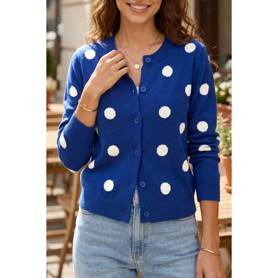 Casual Polka Dot Button Front Long Sleeve Sweater Cardigan Royal Blue / S Apparel and Accessories