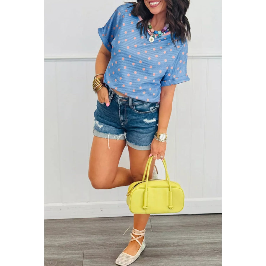 Casual Polka Dot Print Ribbed Knit T-Shirt Apparel and Accessories