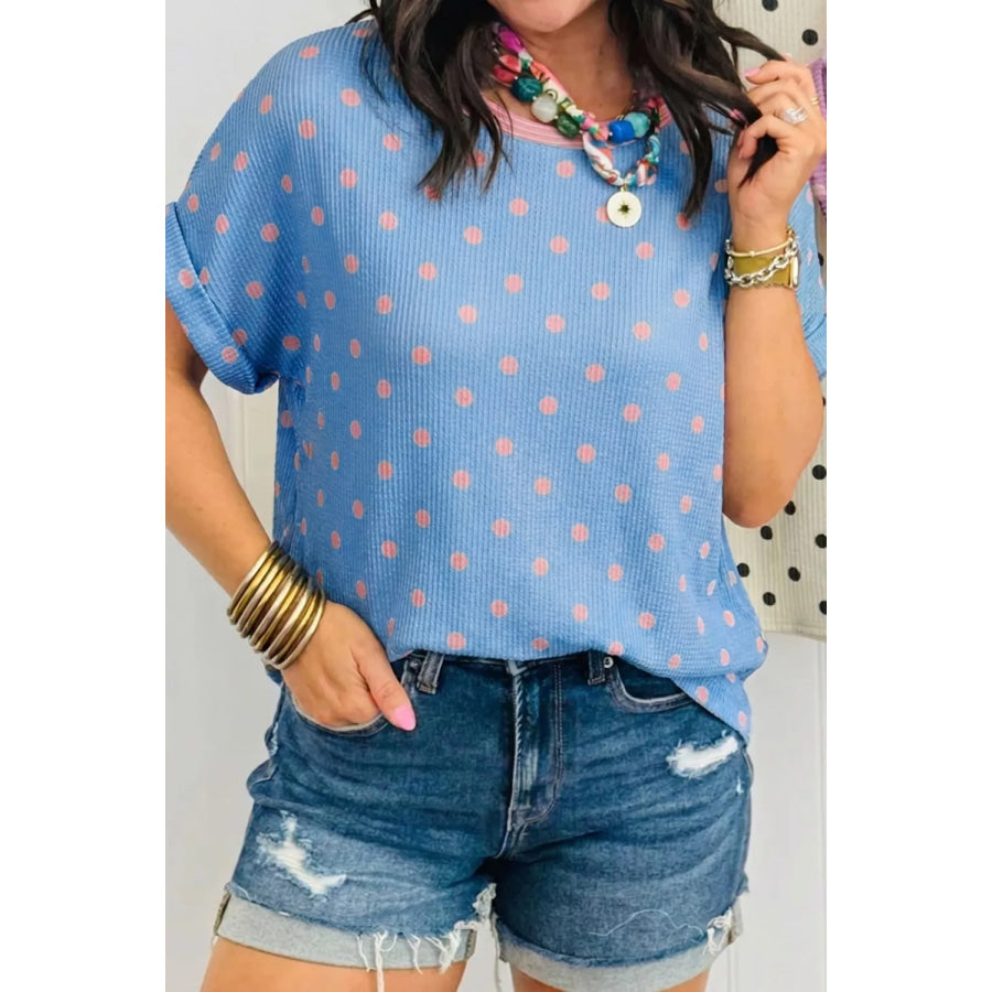 Casual Polka Dot Print Ribbed Knit T-Shirt Apparel and Accessories