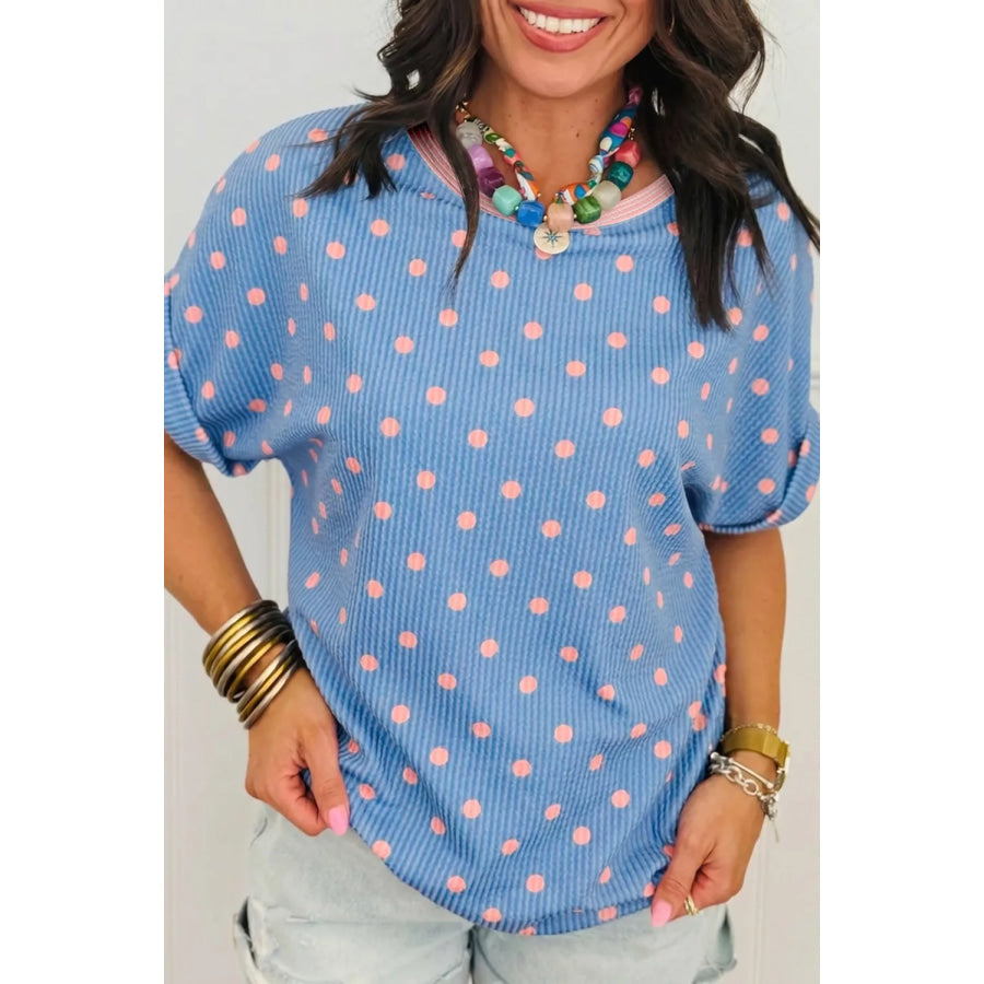 Casual Polka Dot Print Ribbed Knit T-Shirt Light Blue / S Apparel and Accessories