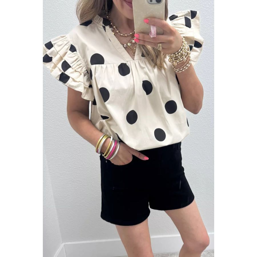 Casual Polka Dot V-Neck Ruffle Short Sleeve Blouse Apparel and Accessories
