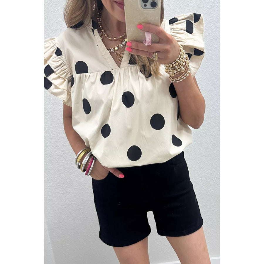 Casual Polka Dot V-Neck Ruffle Short Sleeve Blouse Apparel and Accessories
