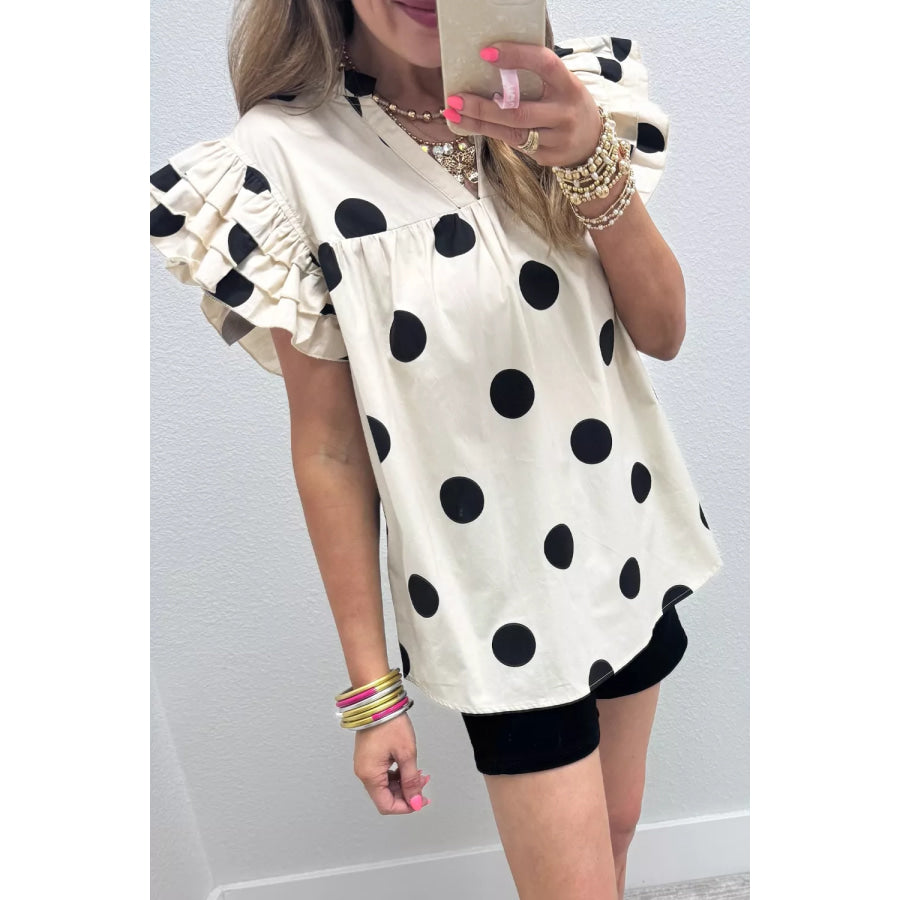 Casual Polka Dot V-Neck Ruffle Short Sleeve Blouse Apparel and Accessories
