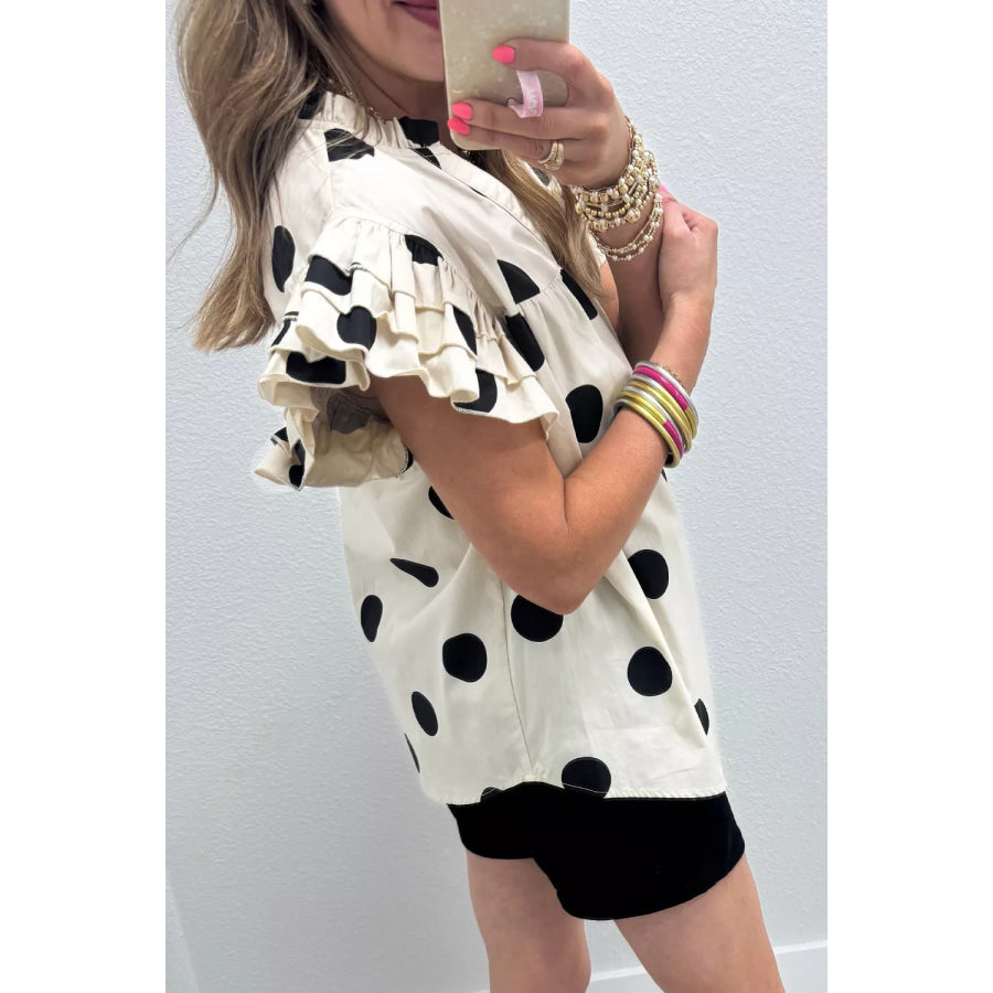 Casual Polka Dot V-Neck Ruffle Short Sleeve Blouse Apparel and Accessories