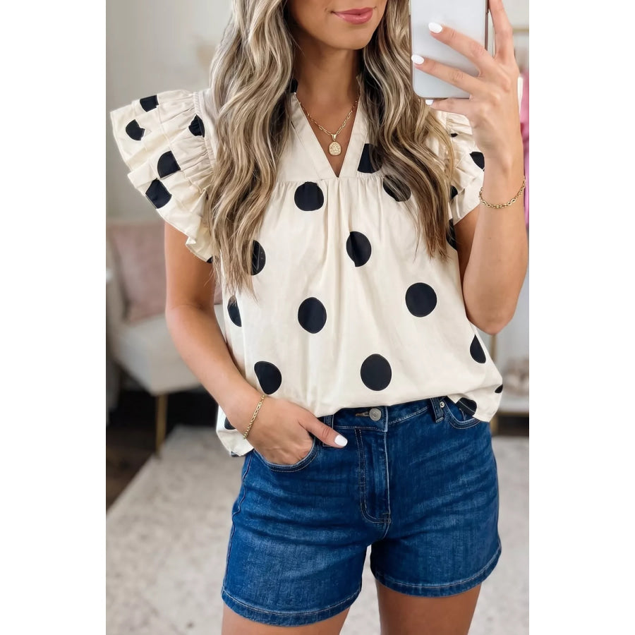 Casual Polka Dot V-Neck Ruffle Short Sleeve Blouse Ivory / S Apparel and Accessories
