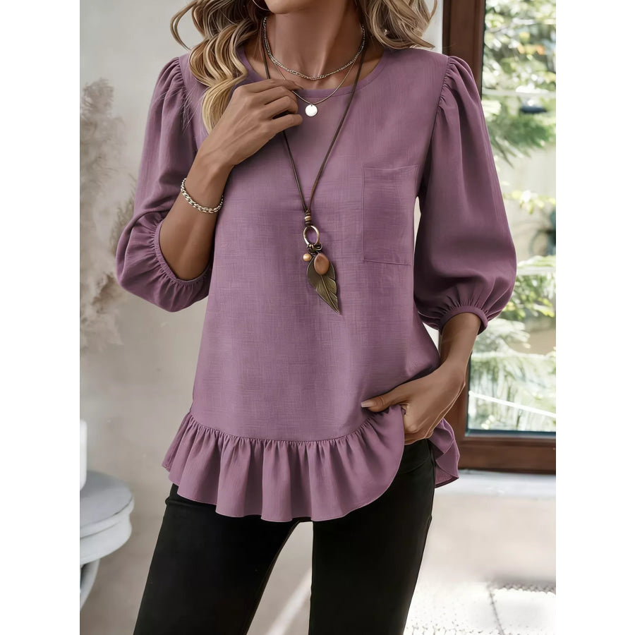 Casual Puff Sleeve Ruffle Hem Blouse Apparel and Accessories