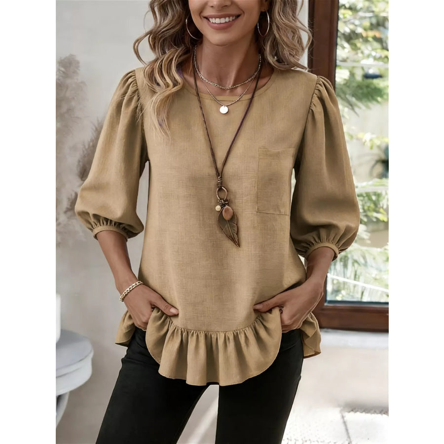 Casual Puff Sleeve Ruffle Hem Blouse Apparel and Accessories