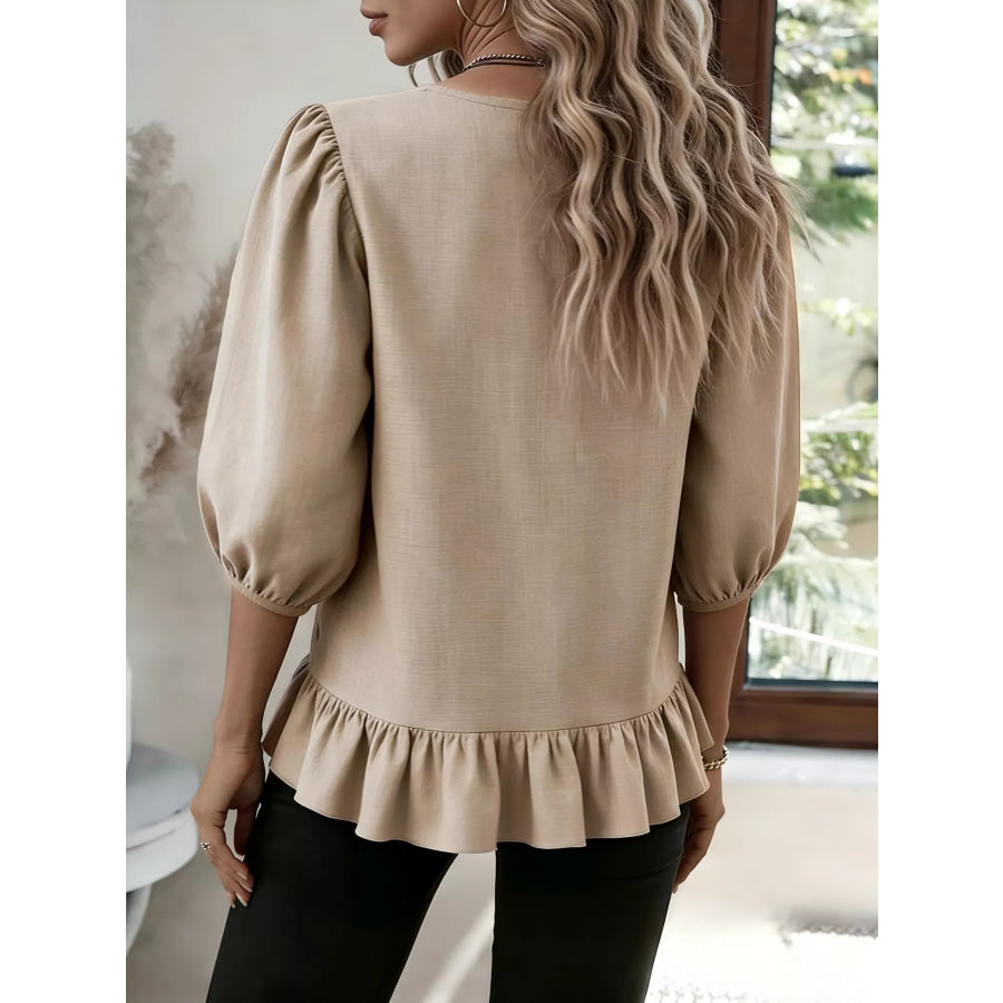 Casual Puff Sleeve Ruffle Hem Blouse Apparel and Accessories