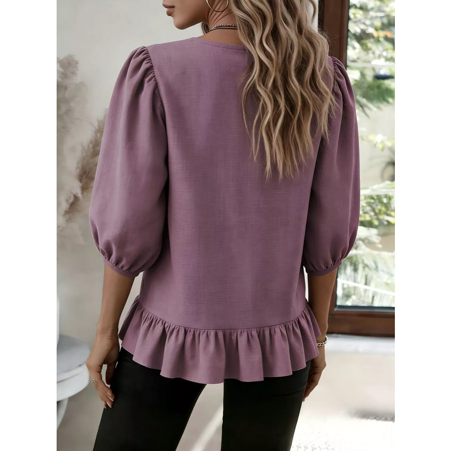 Casual Puff Sleeve Ruffle Hem Blouse Apparel and Accessories