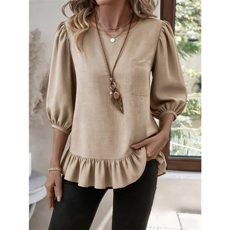 Casual Puff Sleeve Ruffle Hem Blouse Apparel and Accessories