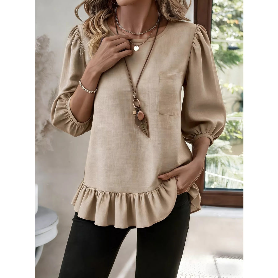 Casual Puff Sleeve Ruffle Hem Blouse Apparel and Accessories