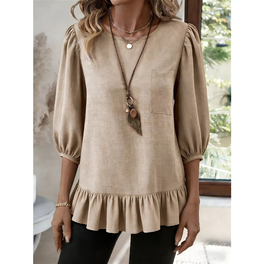 Casual Puff Sleeve Ruffle Hem Blouse Apricot / S Apparel and Accessories