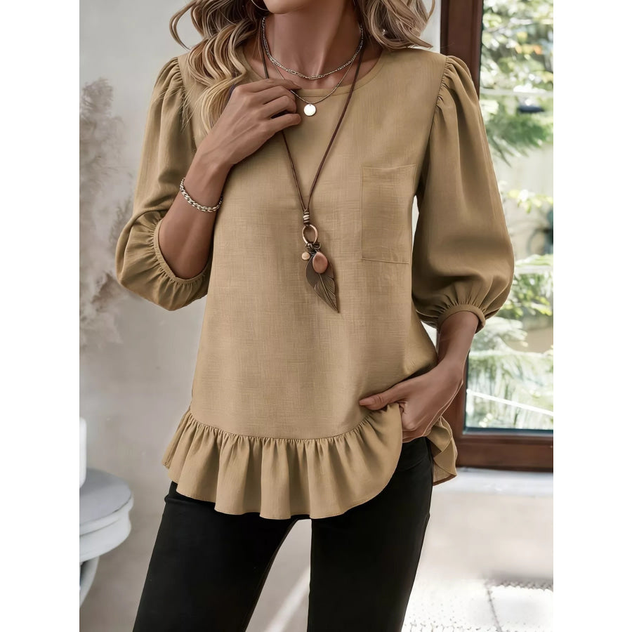 Casual Puff Sleeve Ruffle Hem Blouse Khaki / S Apparel and Accessories