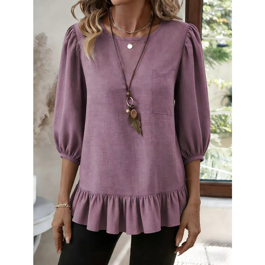 Casual Puff Sleeve Ruffle Hem Blouse Light Purple / S Apparel and Accessories