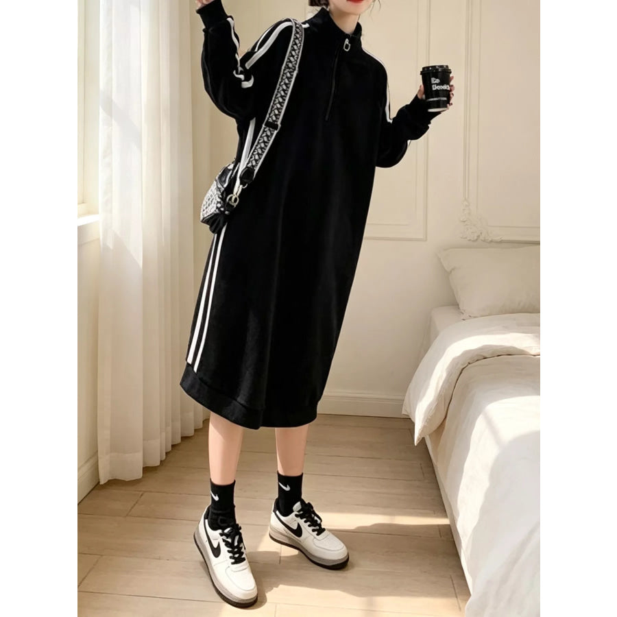 Casual Quarter‑Zip Mock Neck Side Stripe Midi Sweatshirt Dress Apparel and Accessories
