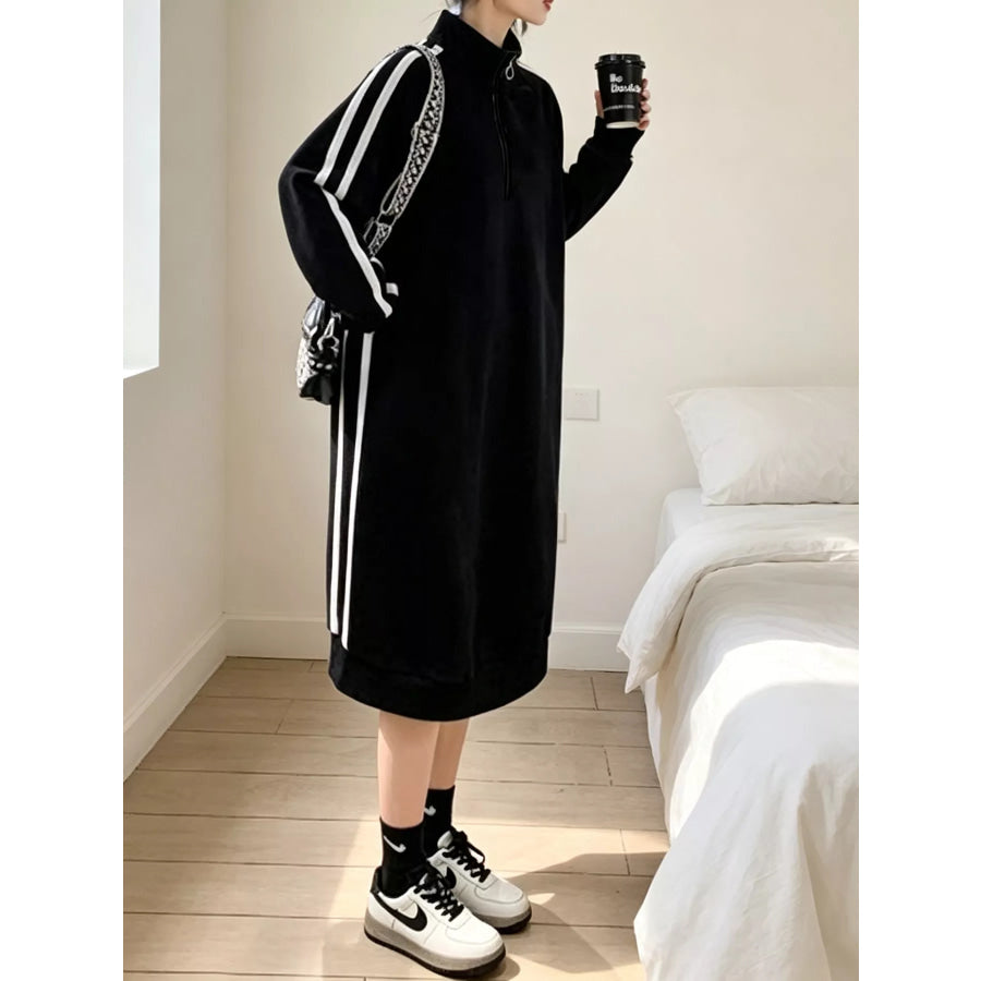Casual Quarter‑Zip Mock Neck Side Stripe Midi Sweatshirt Dress Apparel and Accessories