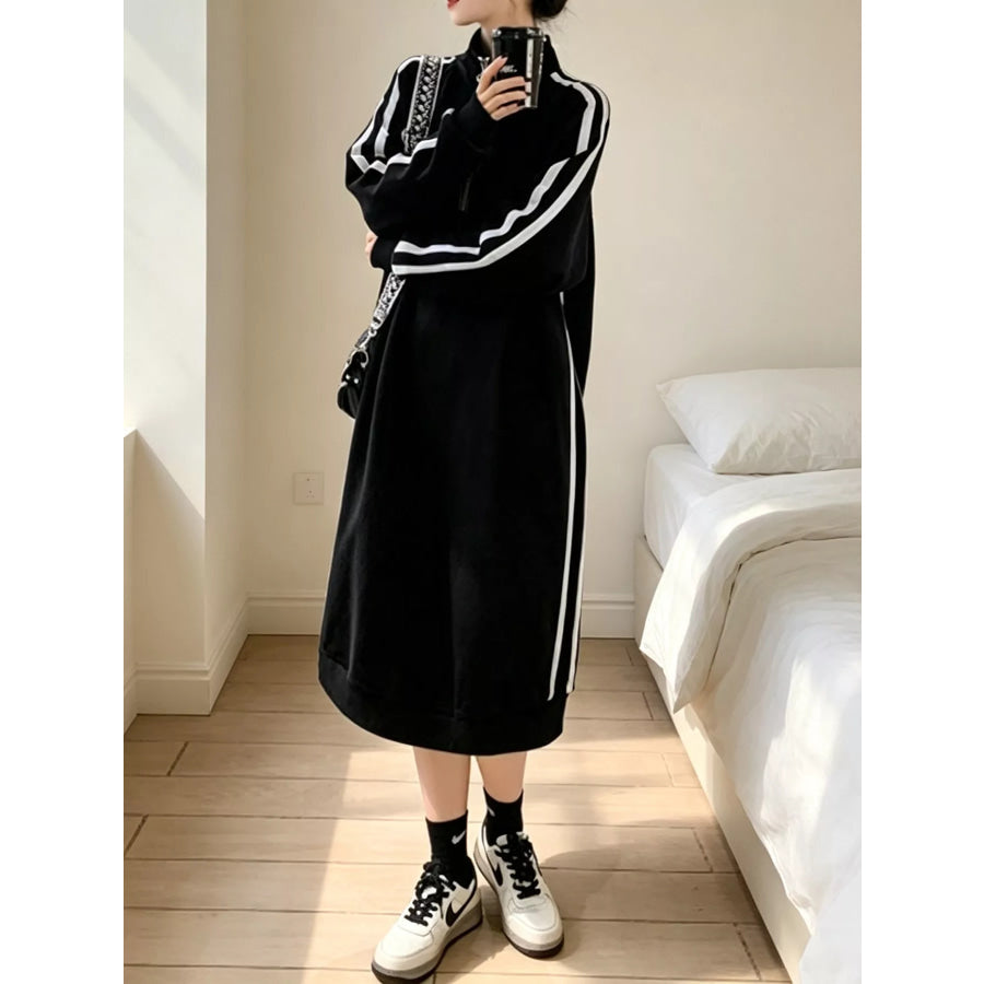 Casual Quarter‑Zip Mock Neck Side Stripe Midi Sweatshirt Dress Black / M Apparel and Accessories