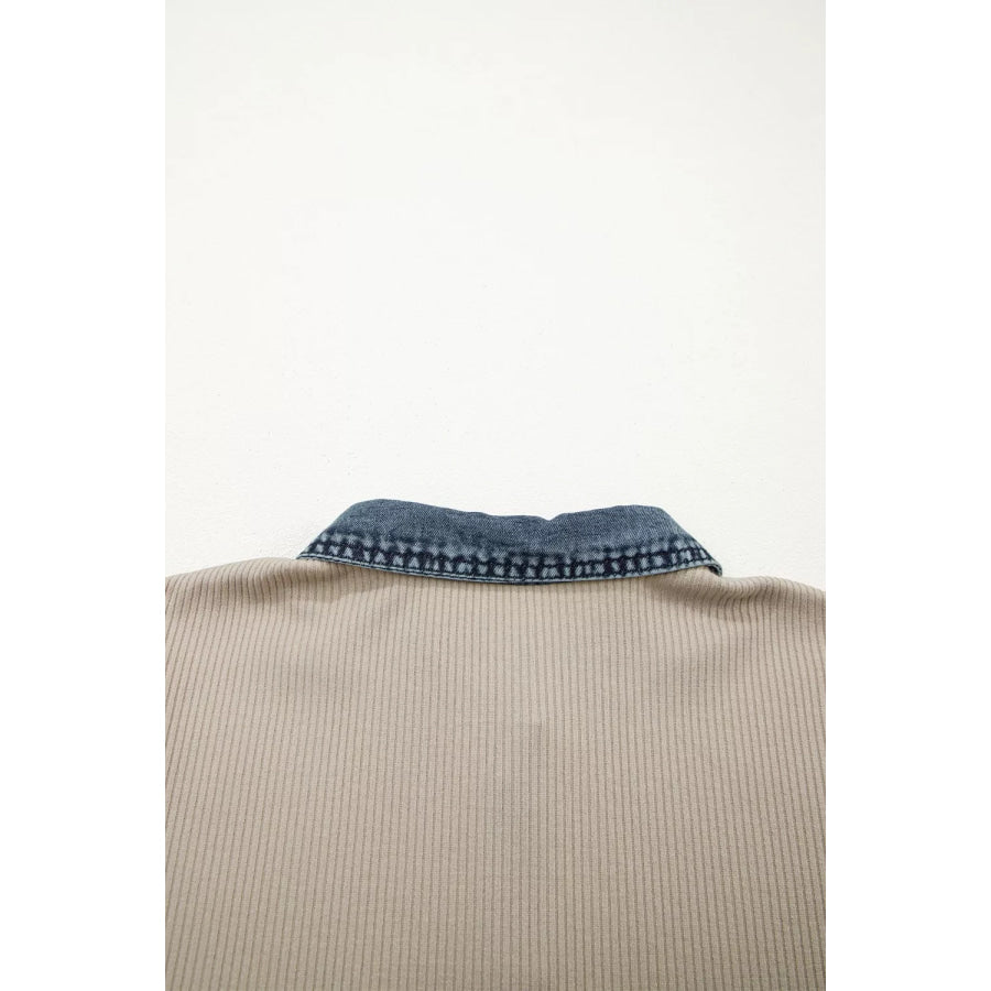 Casual Ribbed Knit Denim Trim Mini Dress Apparel and Accessories