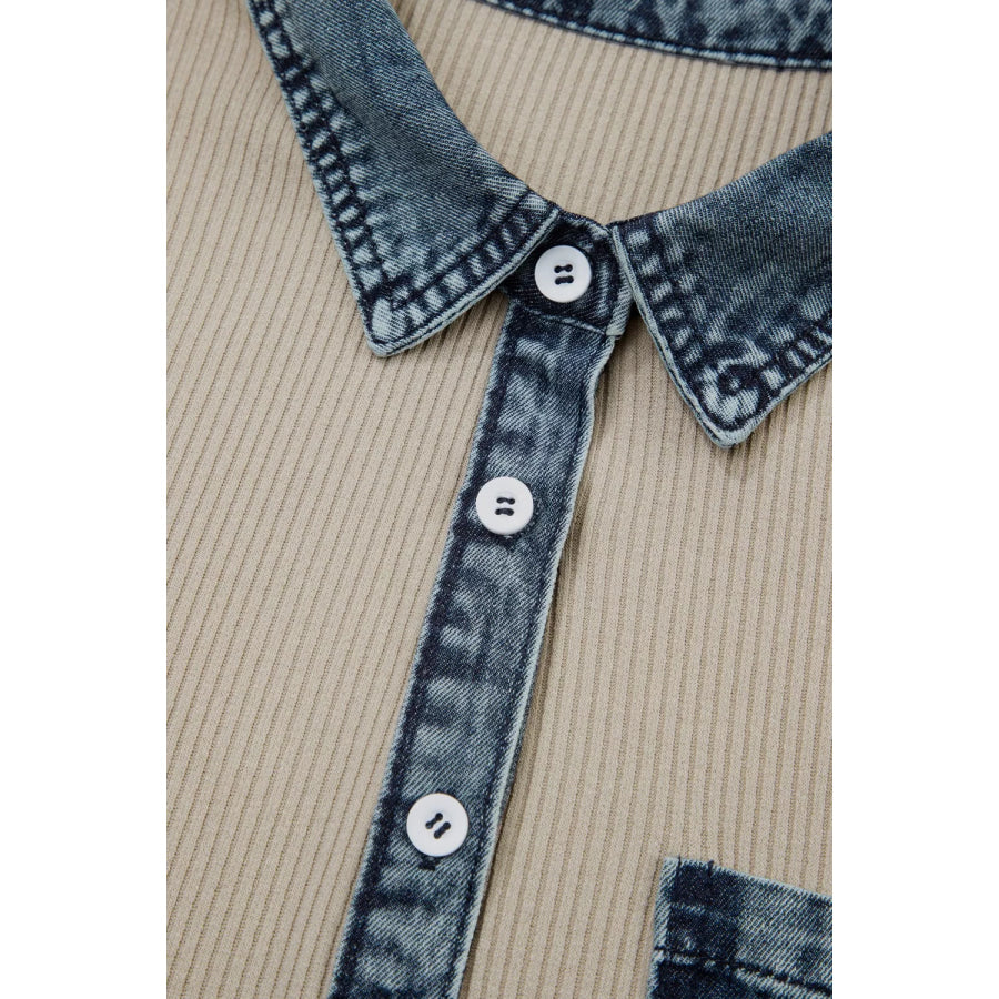 Casual Ribbed Knit Denim Trim Mini Dress Apparel and Accessories