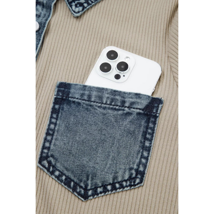 Casual Ribbed Knit Denim Trim Mini Dress Apparel and Accessories