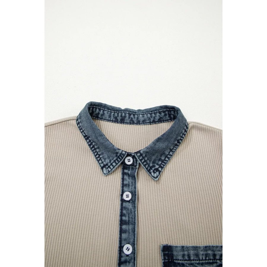 Casual Ribbed Knit Denim Trim Mini Dress Apparel and Accessories
