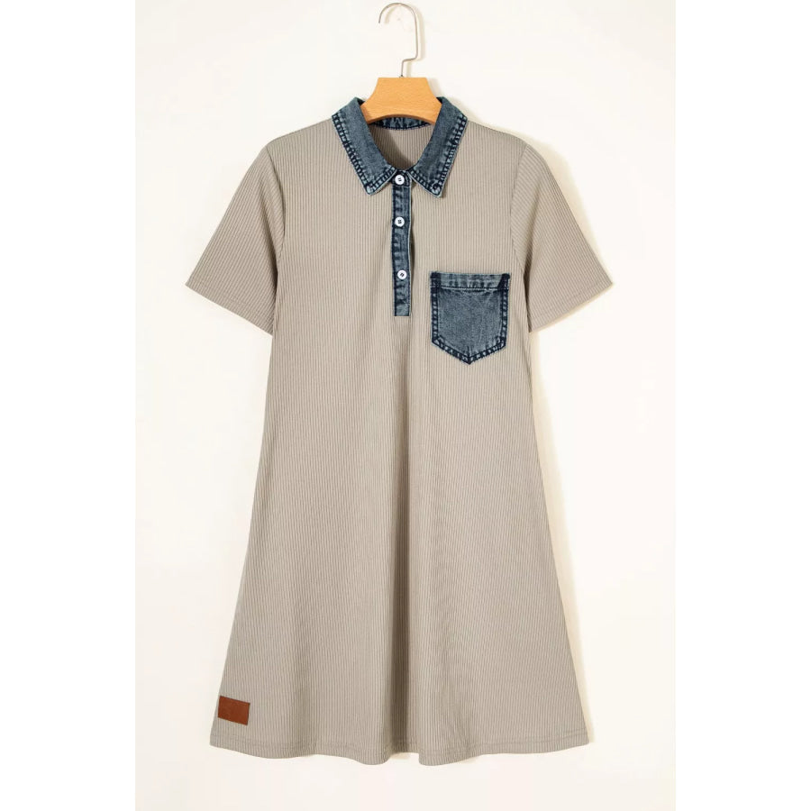 Casual Ribbed Knit Denim Trim Mini Dress Apparel and Accessories