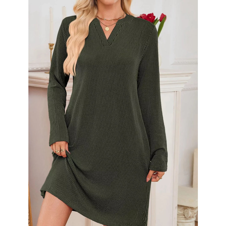Casual Ribbed Knit Long Sleeve Dress Army Green / S Apparel and Accessories