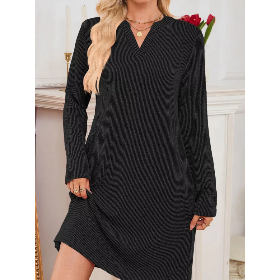 Casual Ribbed Knit Long Sleeve Dress Black / S Apparel and Accessories