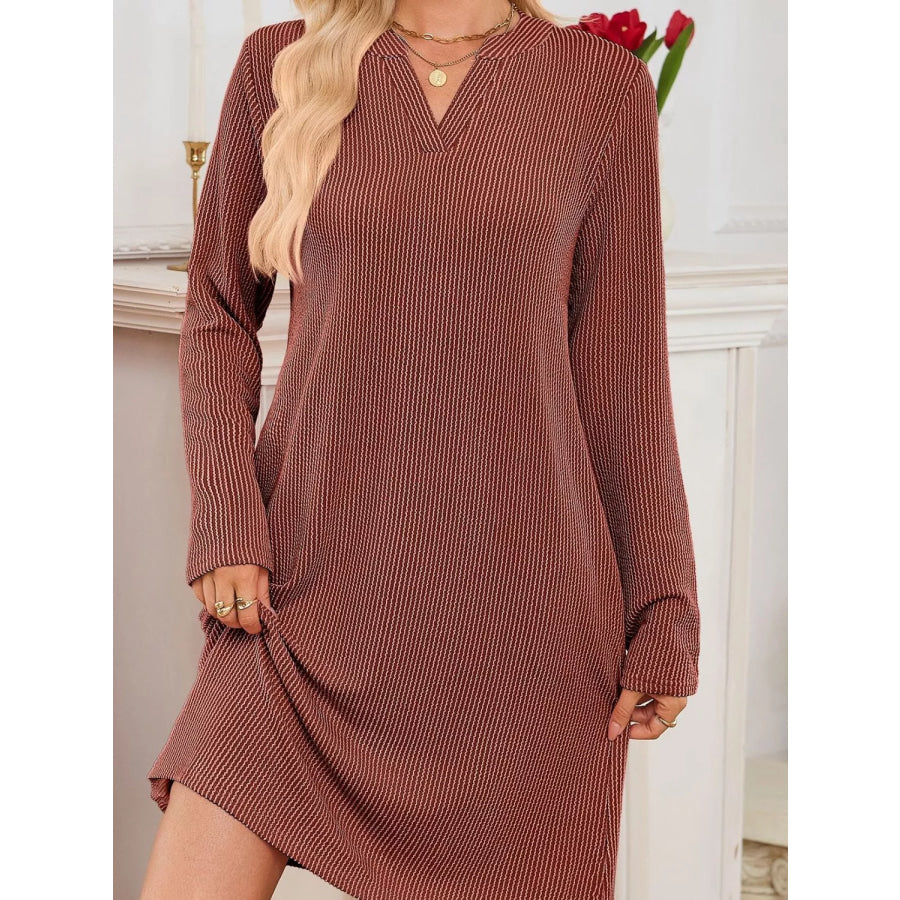 Casual Ribbed Knit Long Sleeve Dress Brown / S Apparel and Accessories